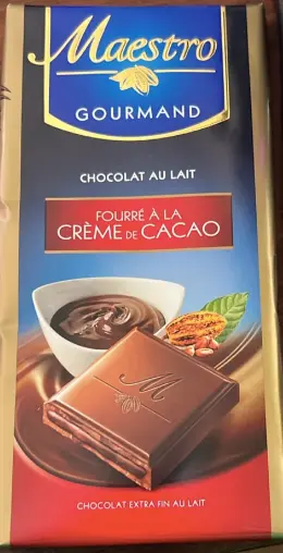MAESTRO Gourmand Tablette de Chocolat au Lait Fourré à la Crème de Cacao 90g